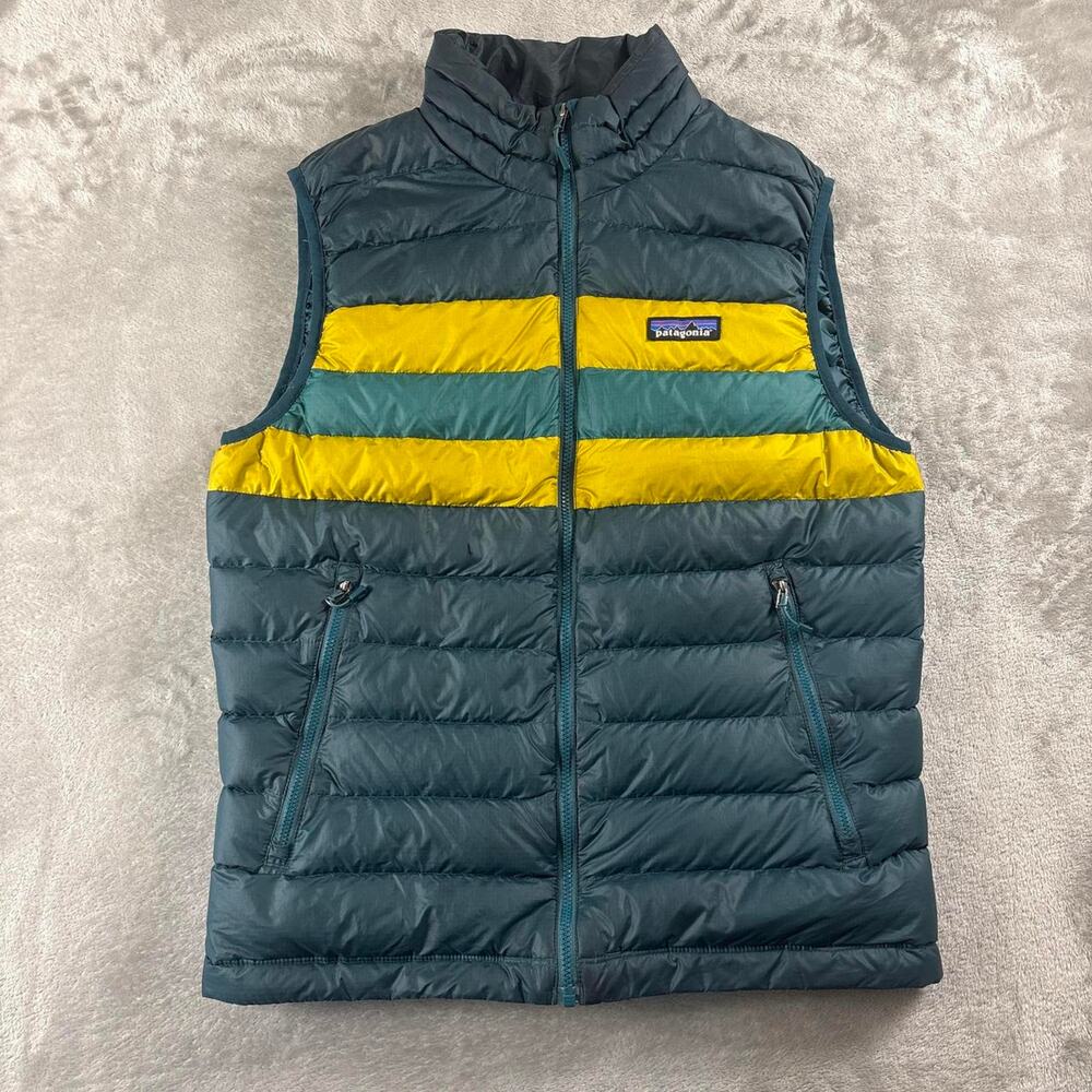 Patagonia Down Puffer Vest Men’s Small Green Yellow Stripe Full Zip Outdoor